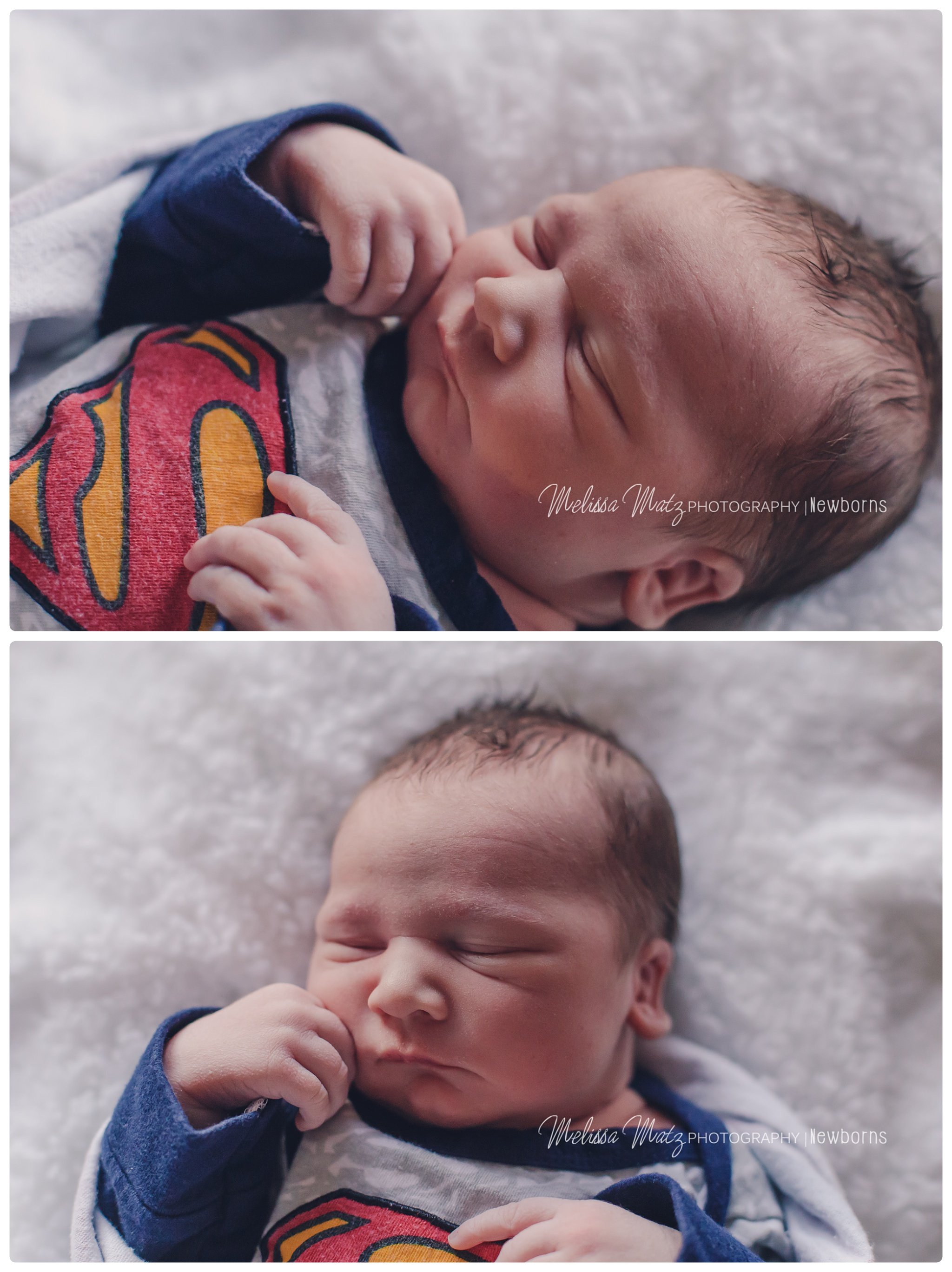 newborn baby boy with Superman shirt