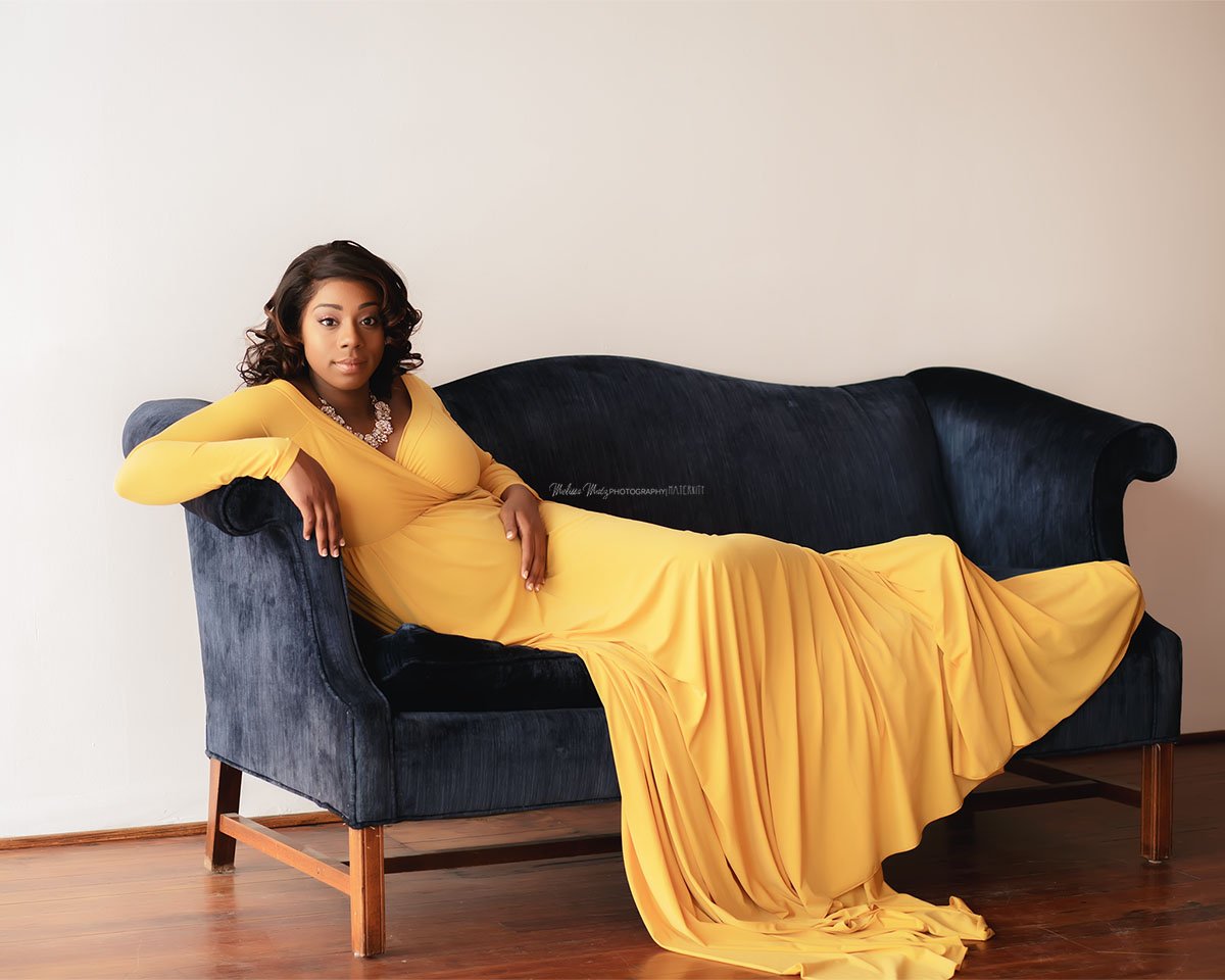 maternity-photography-session-in-studio-yellow-gown-macomb-county-mi
