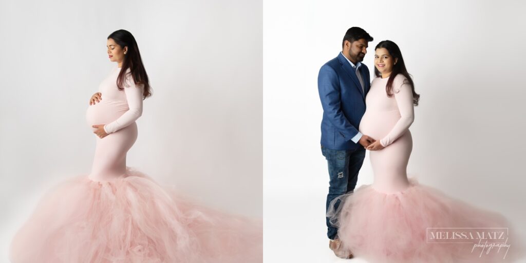 two photos from a maternity session with mom to be in a beautiful pink gown and dad looking at mom
