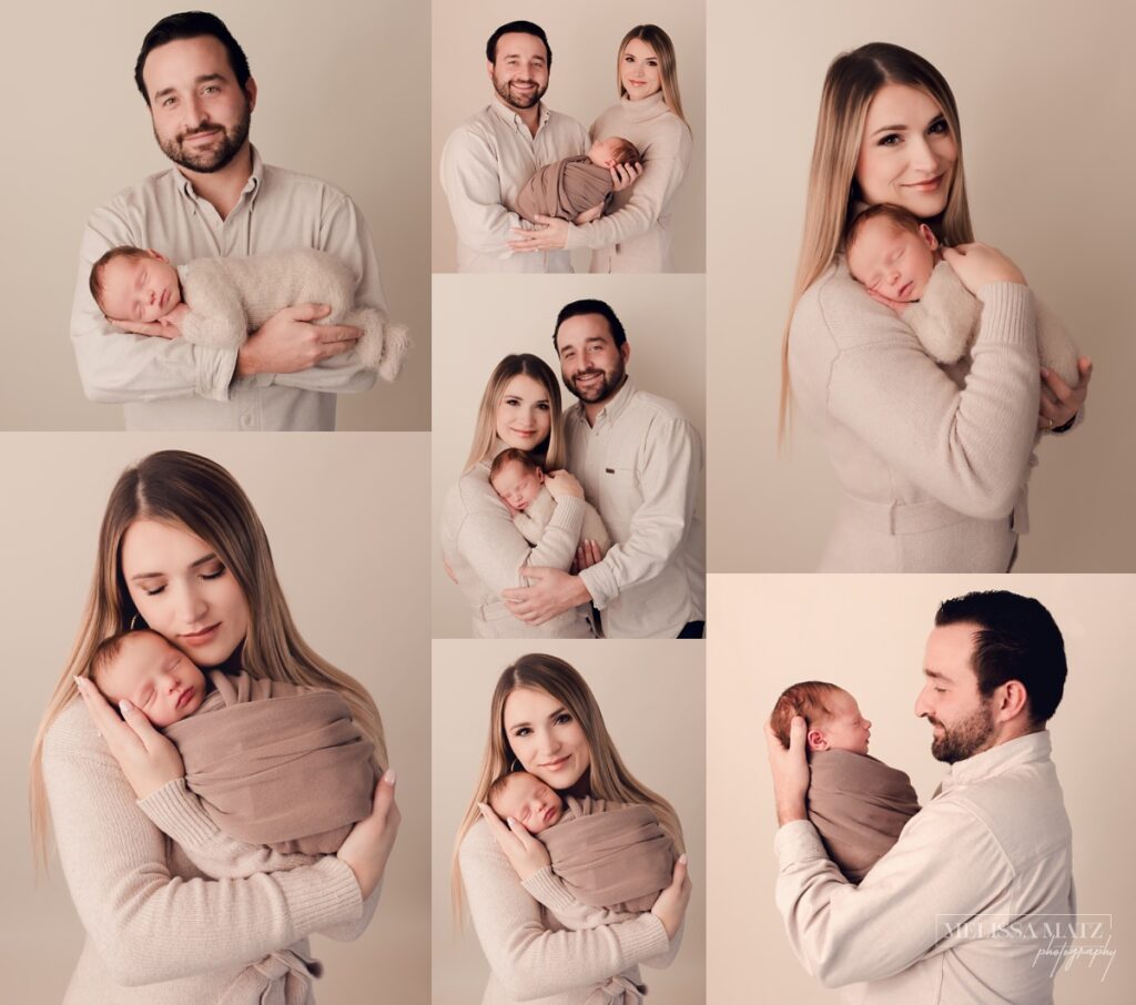 photo collage of new parents cuddling their newborn baby boy dressed in creams against a cream backdrop
