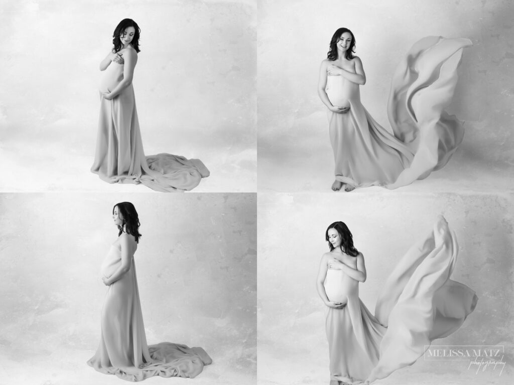 maternity portrait featuring a mom draped in a flowing fabric enhancing her baby bump in shelby township photo studio 