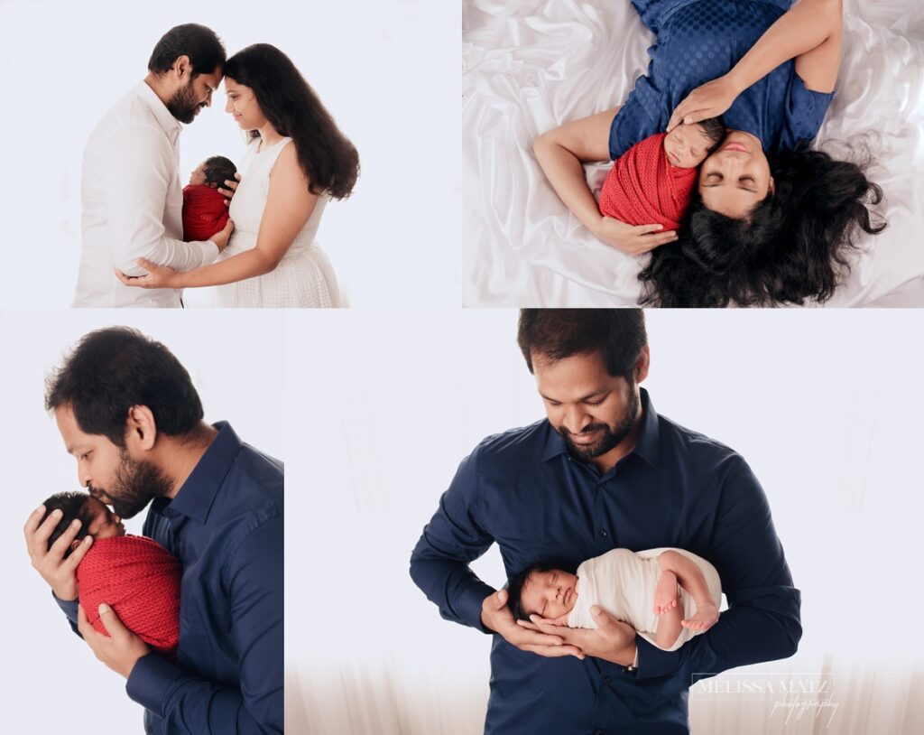 newborn baby boy cuddled in his parents arms in a photo collage done in a newborn photography studio