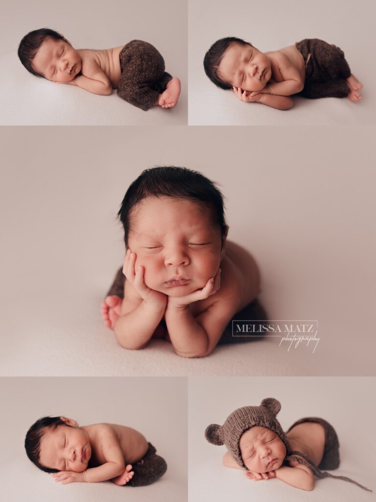 newborn baby boy in little brown pants and a baby bear bonnet asleep in utica mi baby photography studio