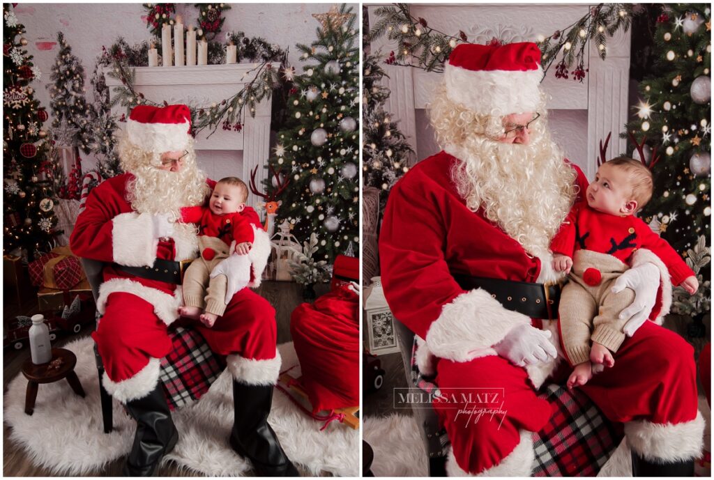 santa and a little one during their photo session in Shelby Township photography studio