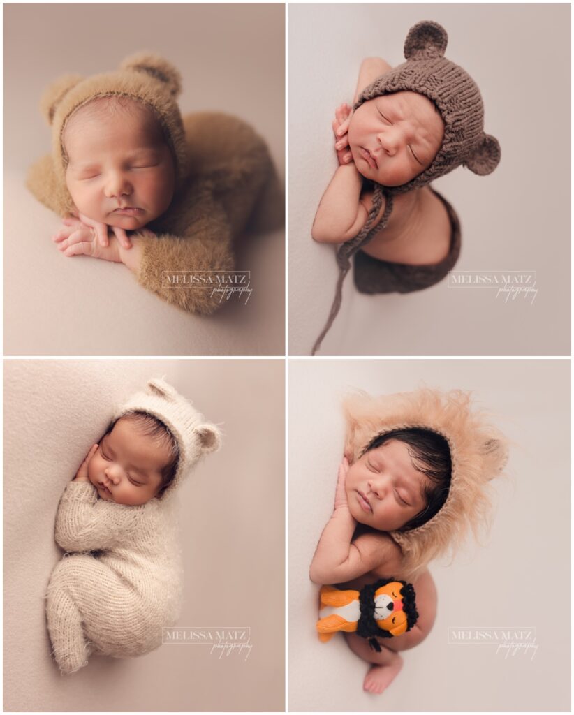 a photo collage of newborn baby boys in bear bonnets during their sessions in utica mi