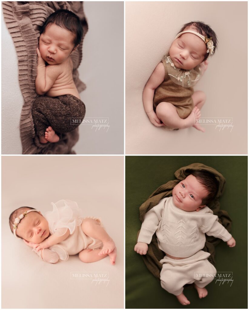 a collage of multiple newborn photos during their photo studio sessions 