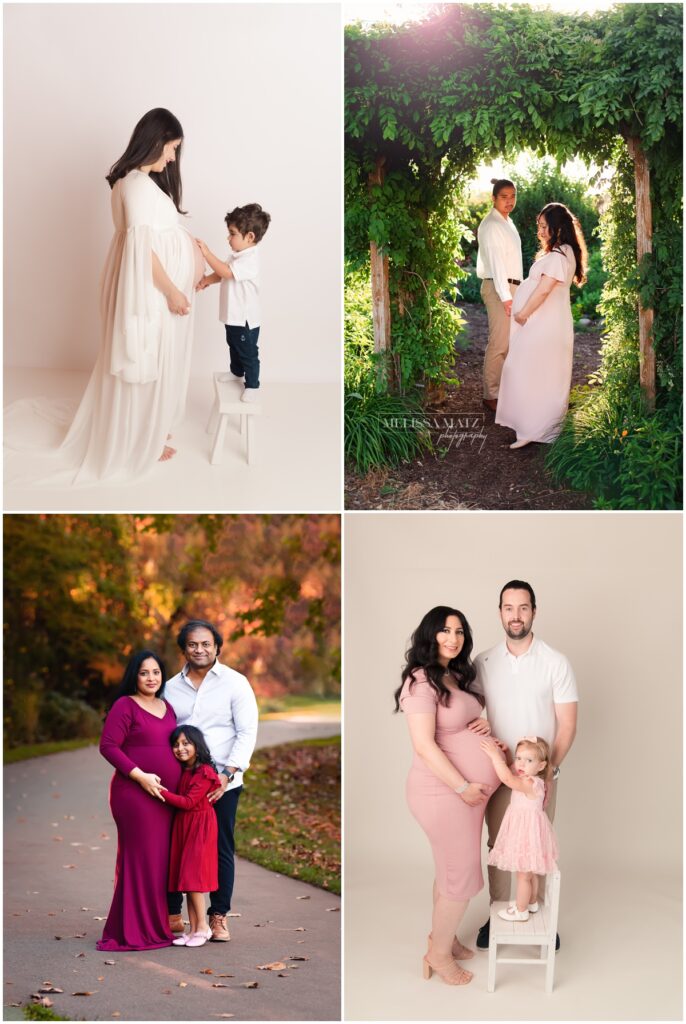 collage of images from multiple maternity sessions featuring expecting moms and their partners taken at a Macomb county photography studio