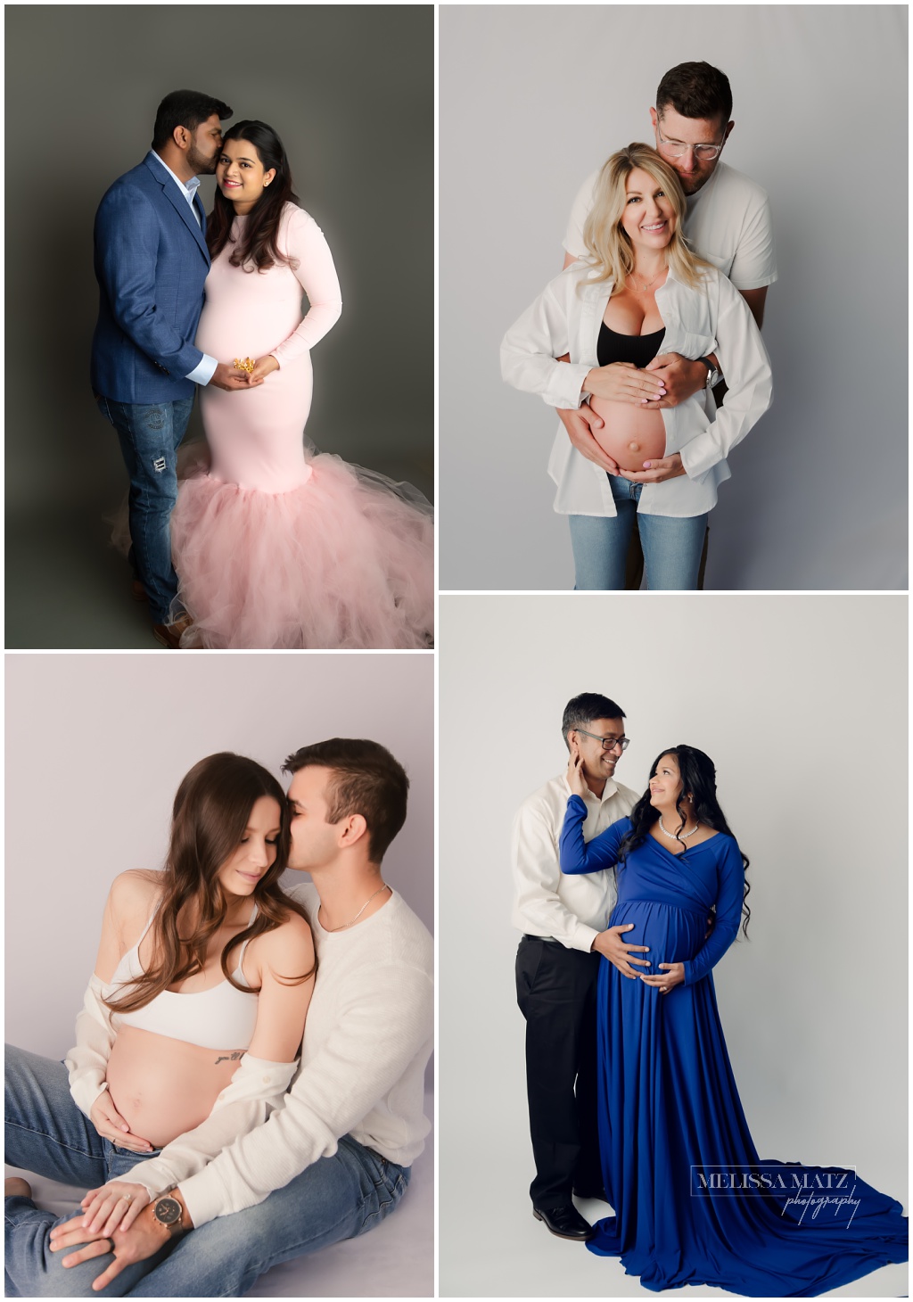 collage of multiple maternity session couples taking photos together for memories 