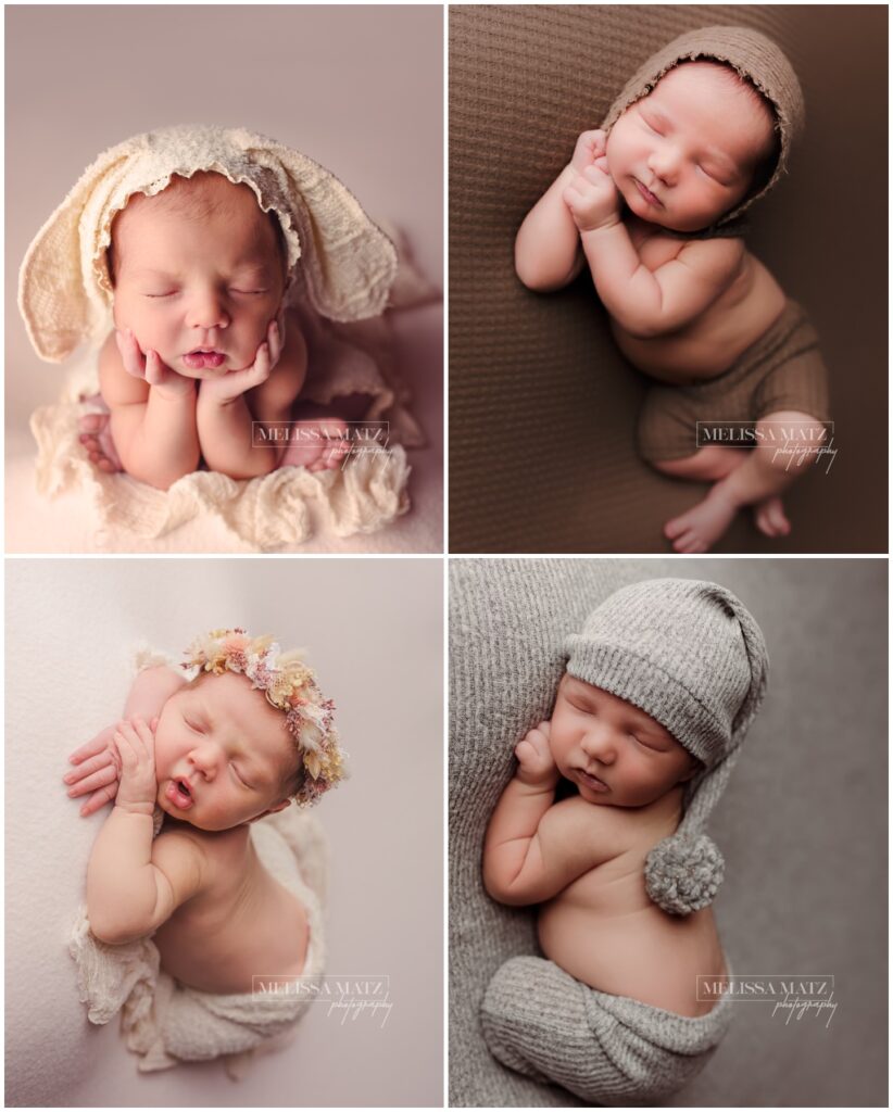 newborn baby in a bunny bonnet and a floral crown at their photography session in utica mi