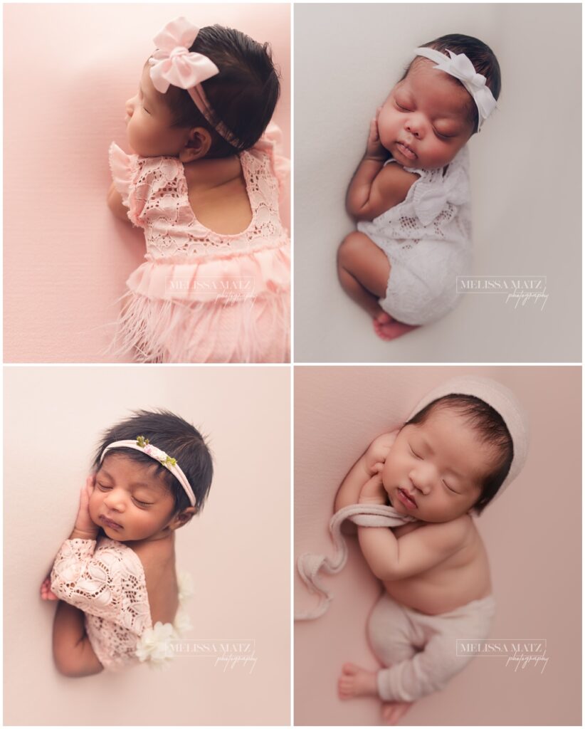 multiple photos of newborn baby girls during their newborn photography sessions in shelby township mi 