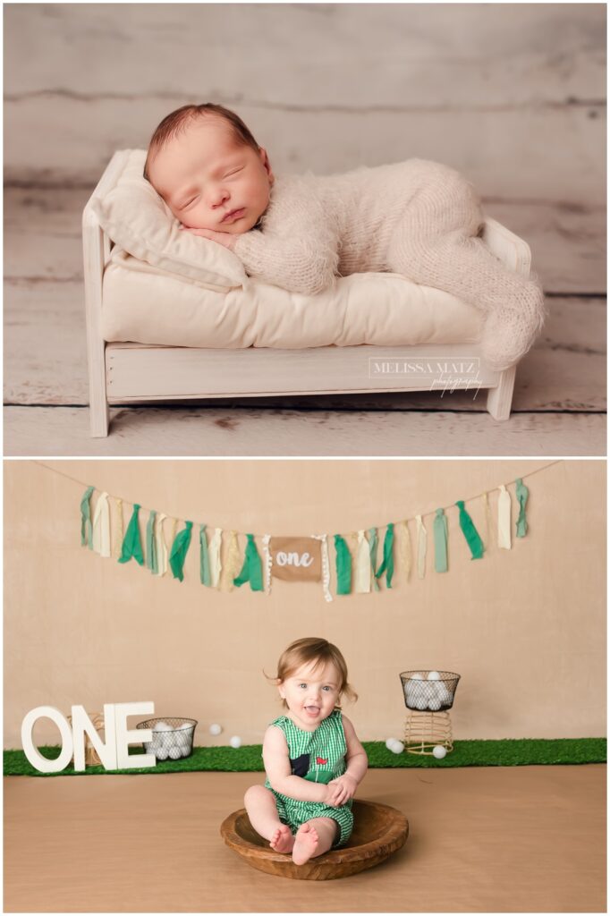 studio photography sessions then as a newborn and now as a one year old