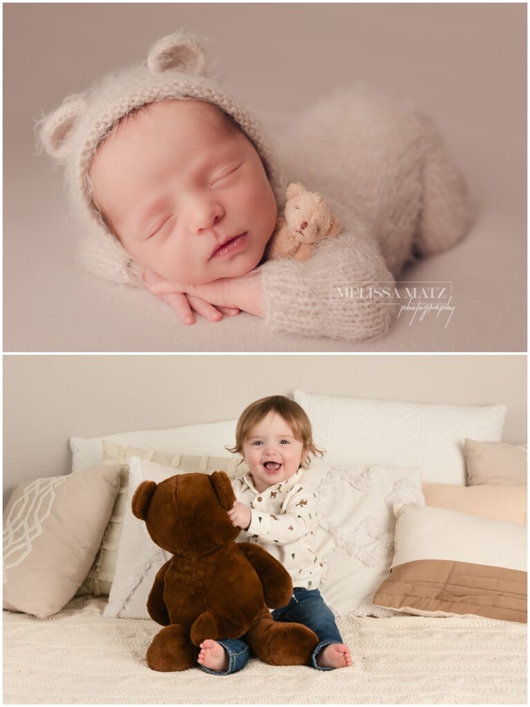 newborn photo with tiny teddy bear and him as a one-year-old holding a bigger teddy bear