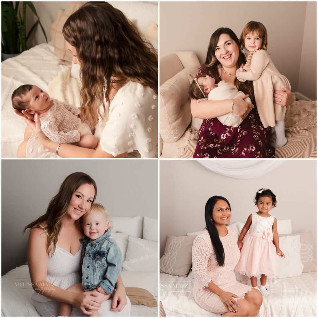 collage of photos of moms holding their newborn babies and their older siblings