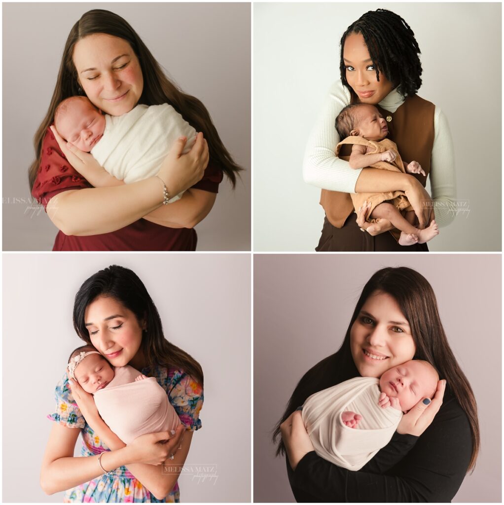 swaddle wrapped newborns held by their moms during their studio newborn sessions by Melissa Matz Photography