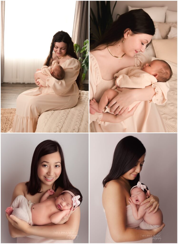 photos of mom holding their sleeping newborn babies during their shelby township mi photography studio sessions