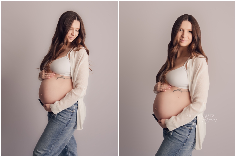 multiple images of an expecting mom to be in jeans and tank top at her maternity photo session