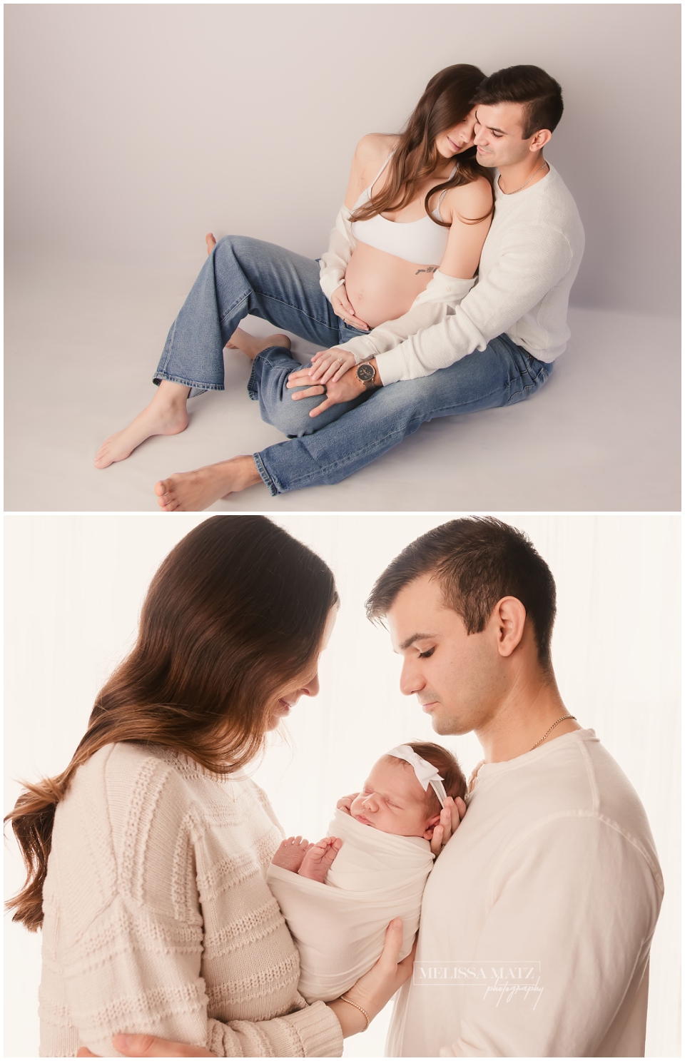 collage image of parents to be at their maternity session and then together holding baby at their newborn session