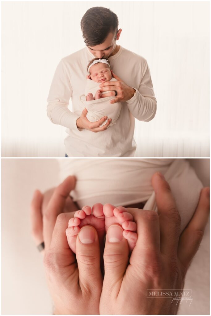 dad holding newborn baby against backlit window and his hands holding baby's tiny toes
