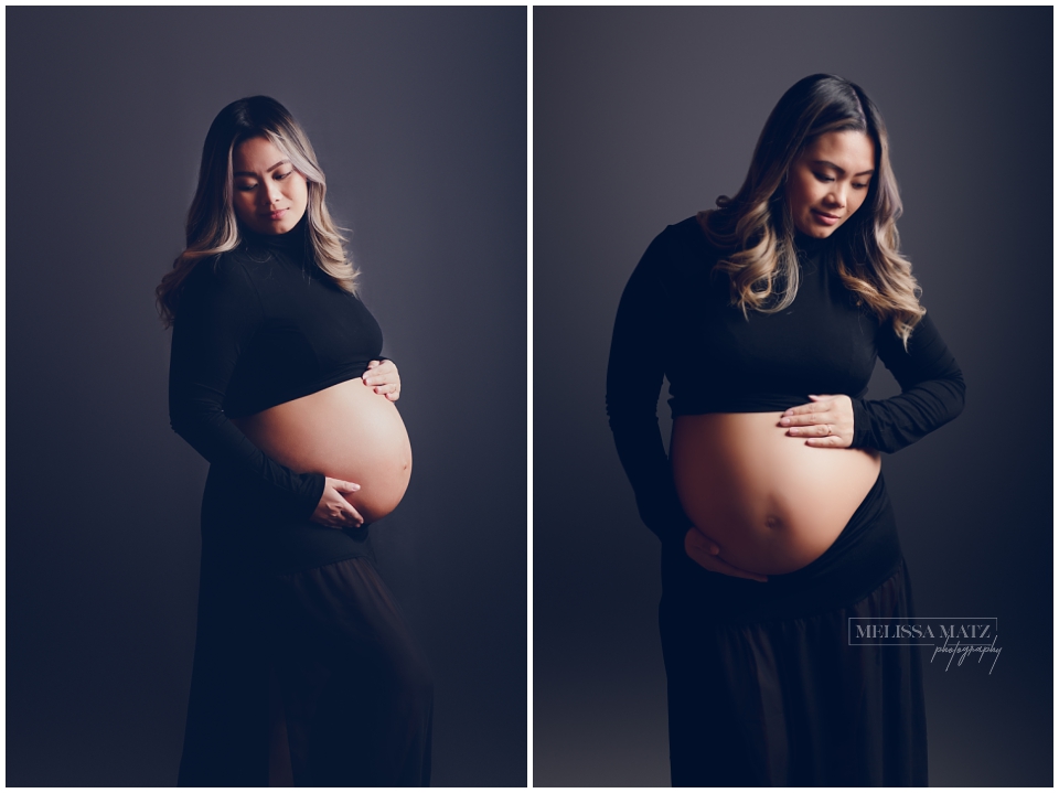 mom to be dressed in black tulle during her shelby township mi maternity photo session