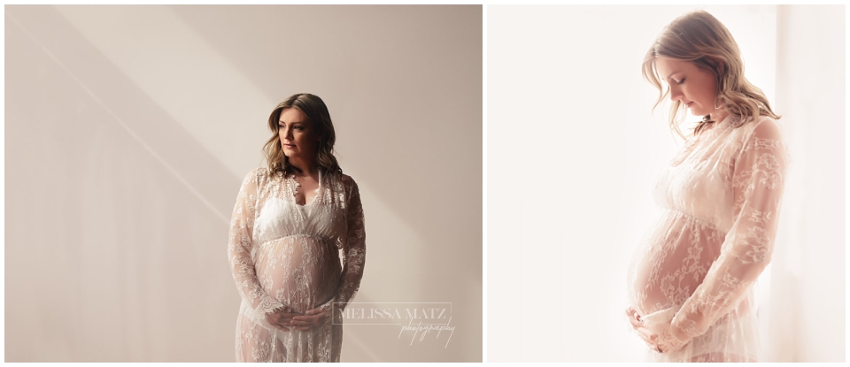 expecting mom to be wearing a white lace dress surrounded by glowing sunlight during her metro detroit maternity session