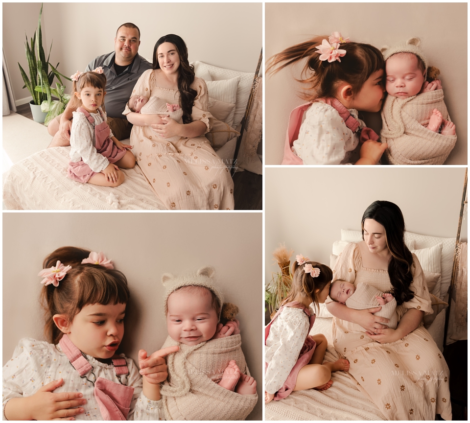 Warm-toned family portrait with newborn baby in Shelby Township photography studio