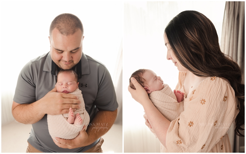 backlit family portrait with newborn baby during their newborn session in macomb county photography studio