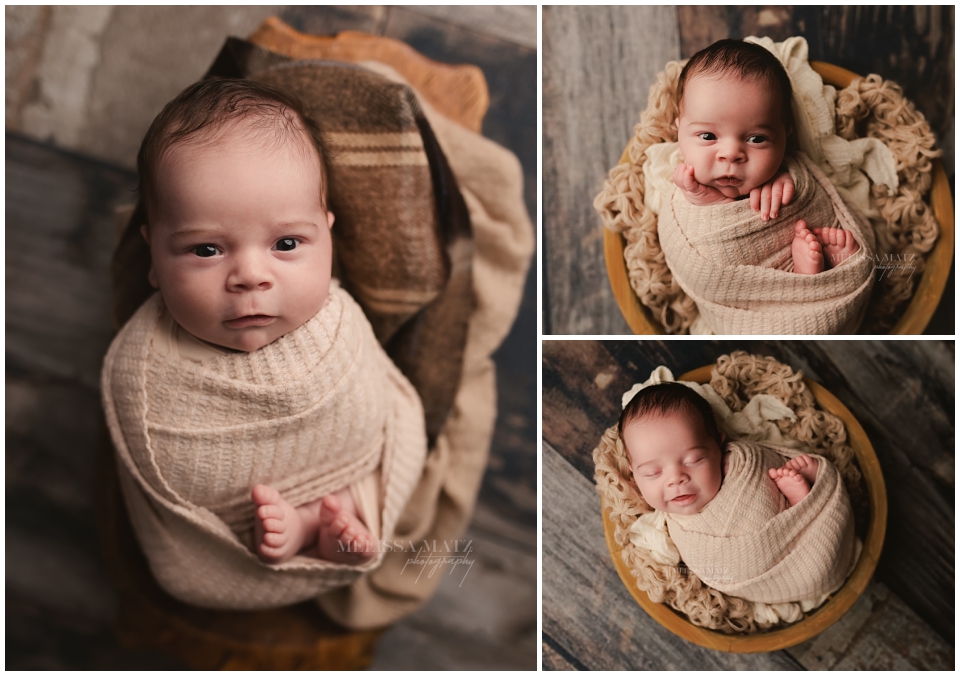 Newborn baby swaddled in soft cream and tan tones posed newborn portrait by Shelby Township photographer.