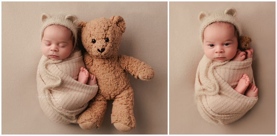 swaddle wrapped newborn baby posed with teddy bear in soft cream and tan tones during his newborn session in metro detroit