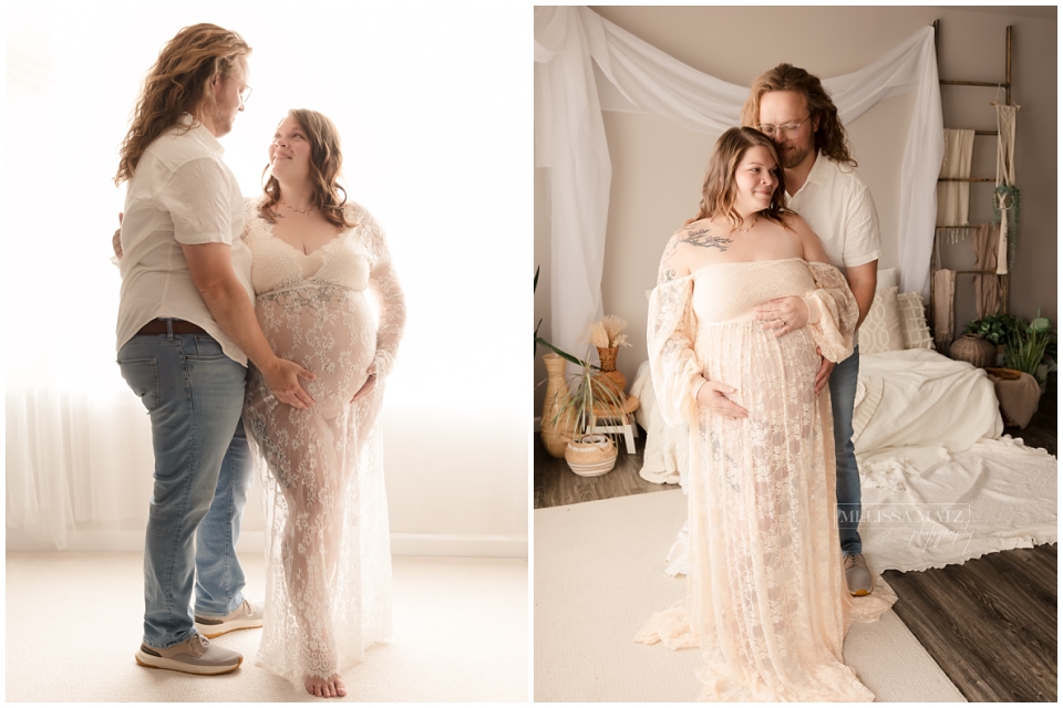 couple during their natural light studio maternity session in shelby township mi