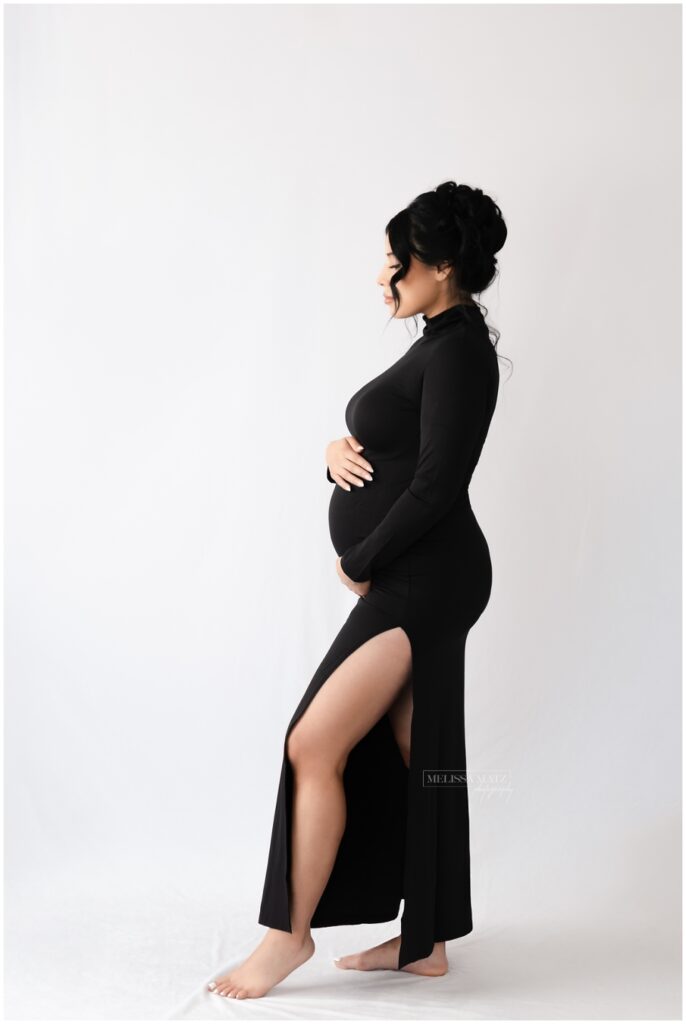 elegant black dress maternity photo studio setup