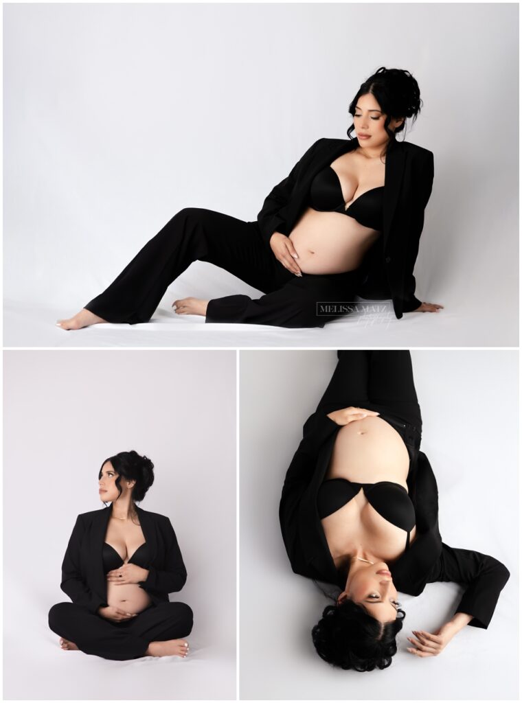 elegant maternity photo studio session expecting mom to be wearing all black