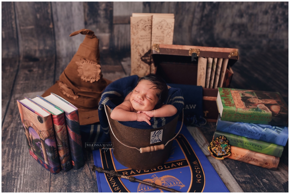 harry potter theme photo setup of a newborn session in shelby township mi