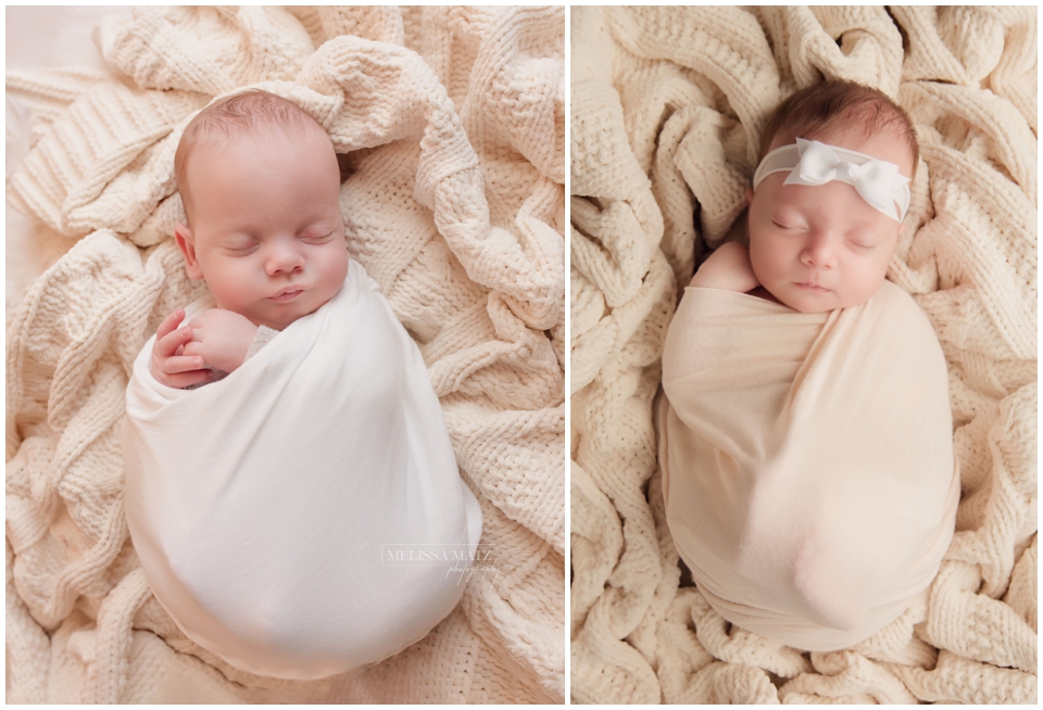 Individual newborn portraits of babies during twin photography session