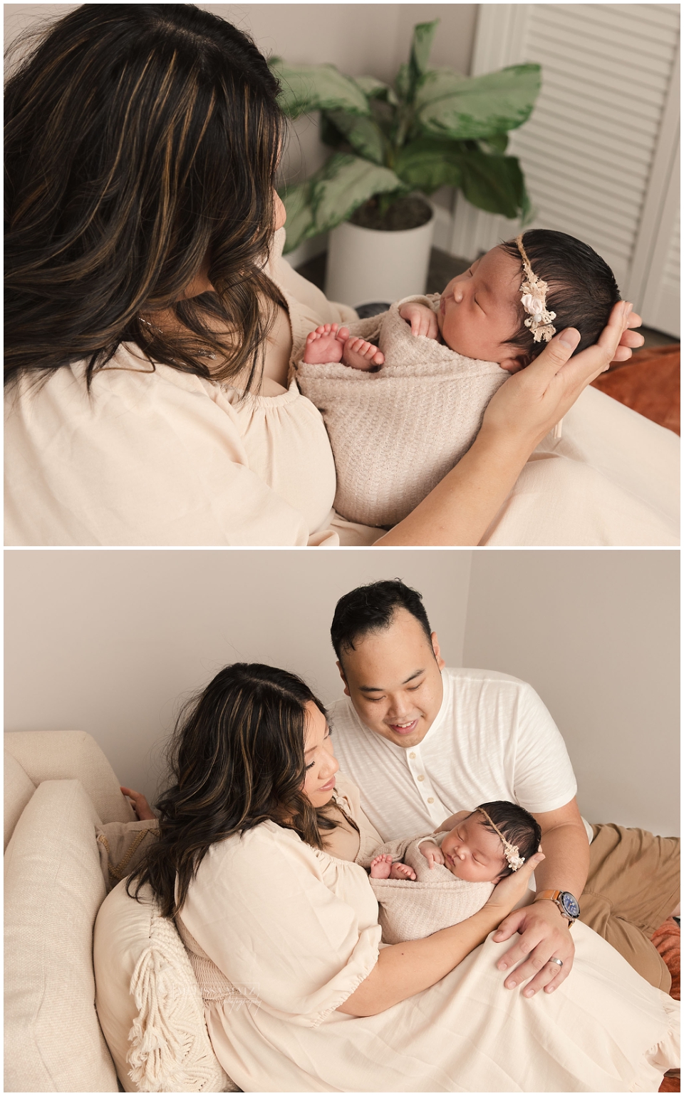 Newborn baby sleeping in parents’ arms during family photo session