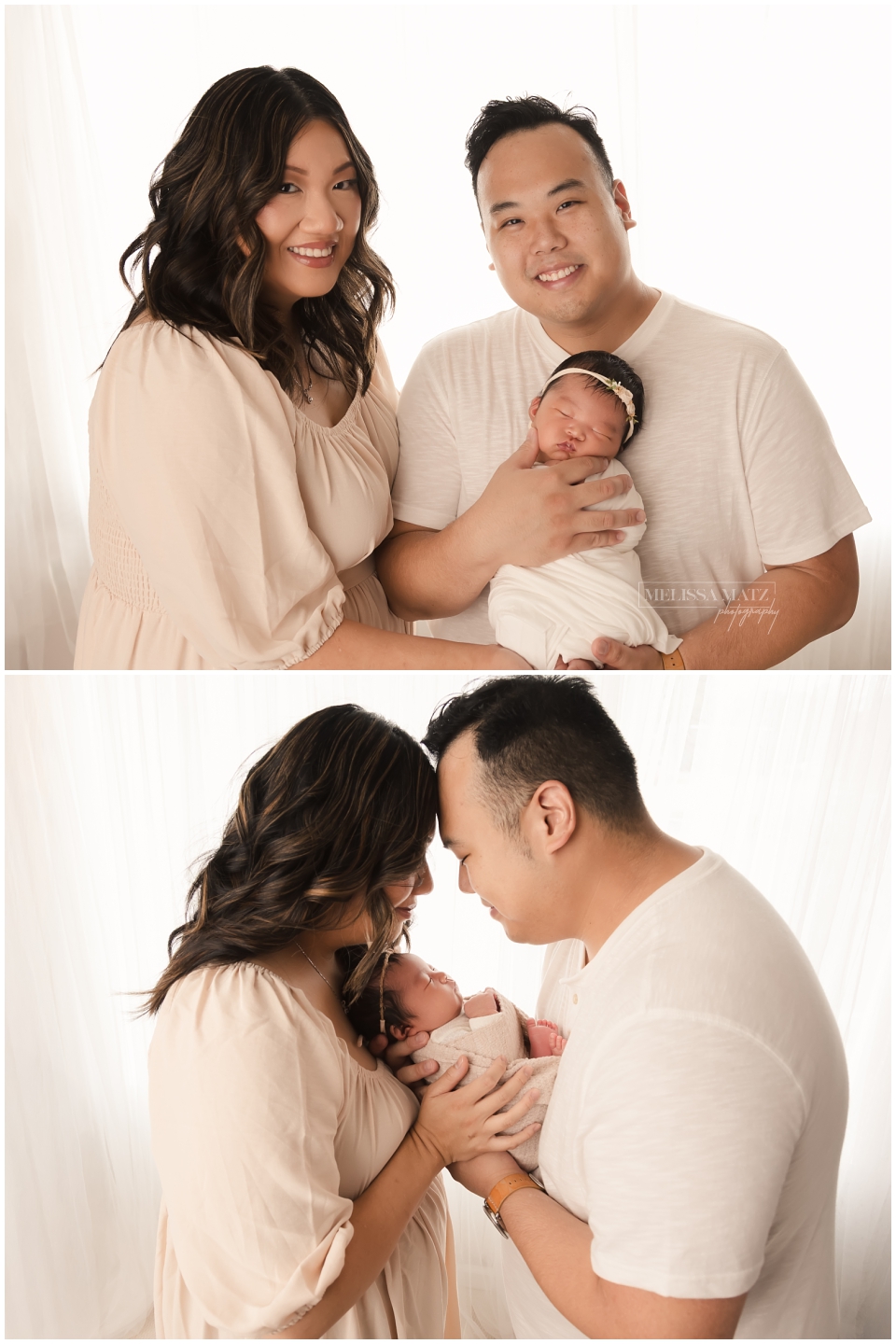 Newborn baby sleeping in parents’ arms during family photo session in Shelby Township, MI
