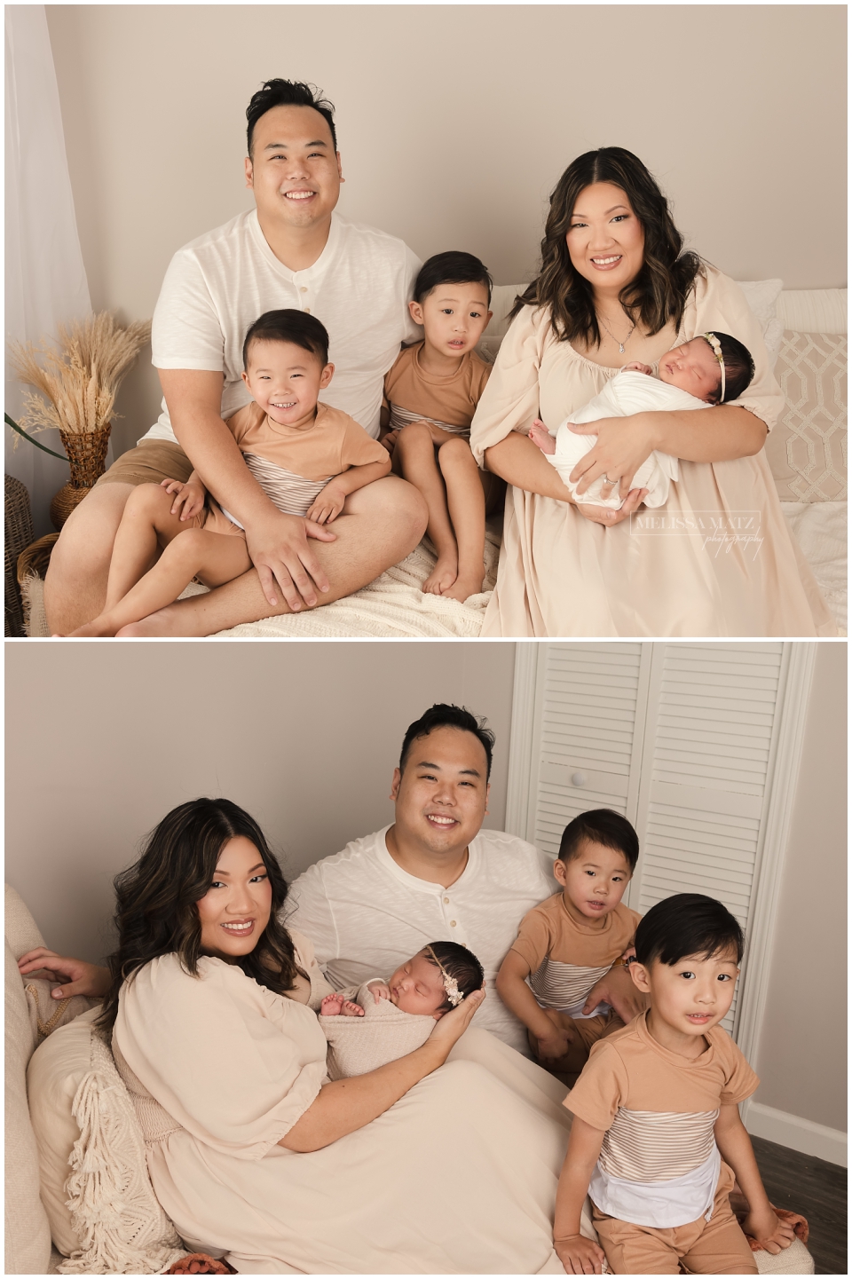 Smiling family with newborn baby during in-studio photography session in Shelby Township, Michigan