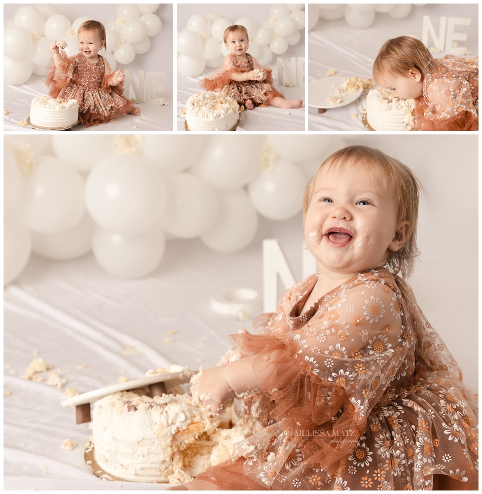 collage of one year cake smash with vanilla cake and white balloons in utica mi