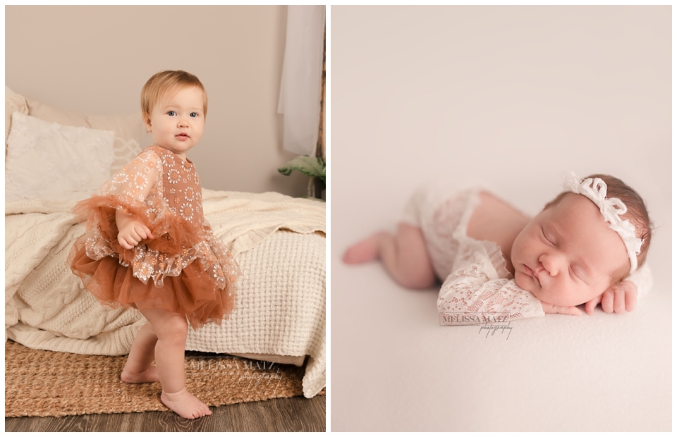 photo of a one year old at her cake smash session next to a photo of her at her newborn session in metro detroit studio