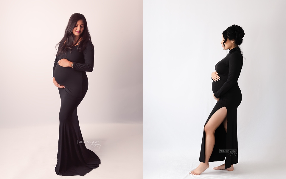 multiple images of maternity portraits in black dresses