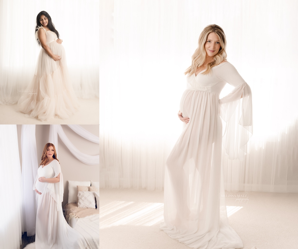 moms to be at mini maternity sessions dressed in white dresses