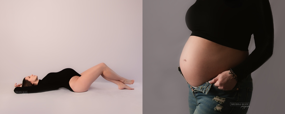 dramatic maternity images of moms to be in bodysuits in studio mini maternity sessions