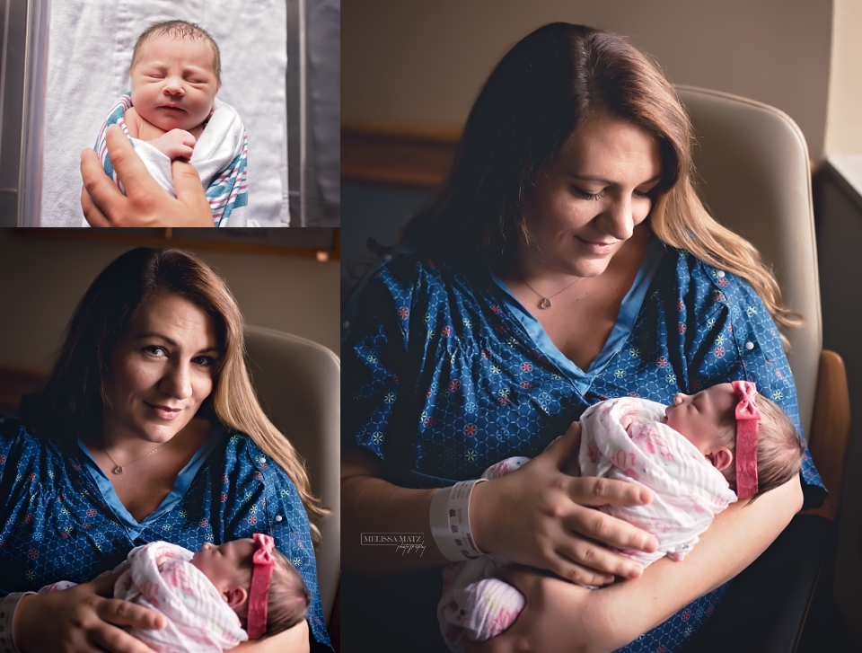 mom holding her baby in their hospital room and baby looking into her eyes