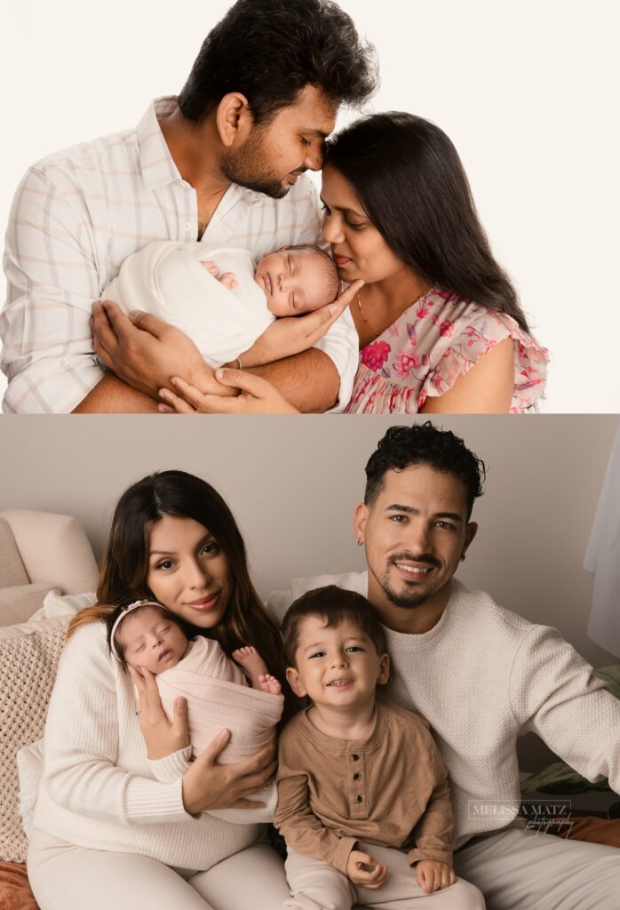 newborn photos taken with parents and siblings in a photography studio in Shelby Township MI