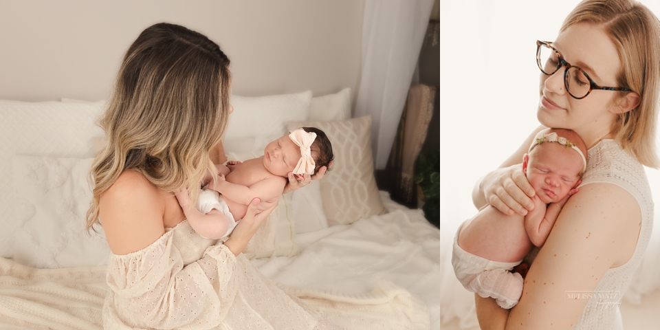 photos of mom and newborn babies at their newborn studio session