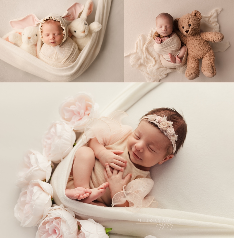 newborn babies snuggled with plushy rabbits, teddy bear, and flowers
