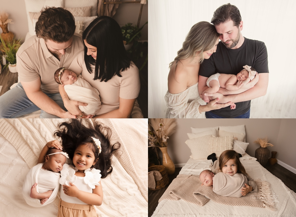 newborn photos taken with parents and siblings in a photography studio in Shelby Township MI