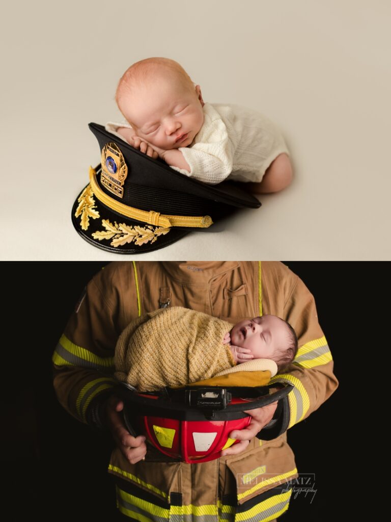 newborn baby boys posed on a police chief's hat and in a firefighter's helmet