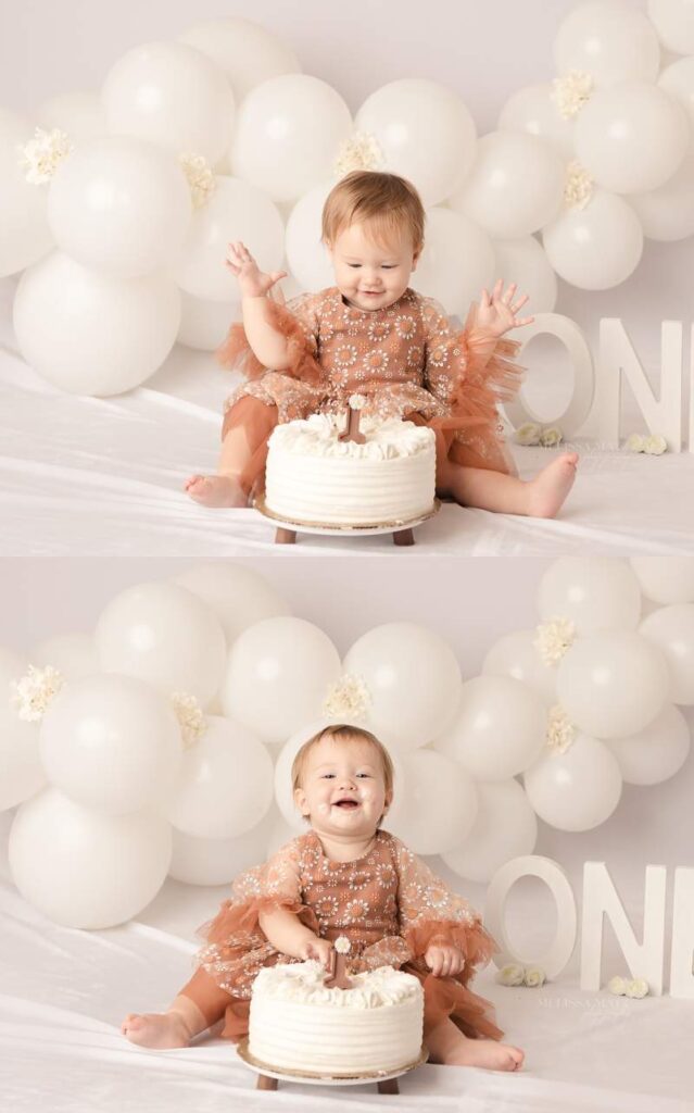 white balloons and white flowers one year cake smash session in macomb county photo studio
