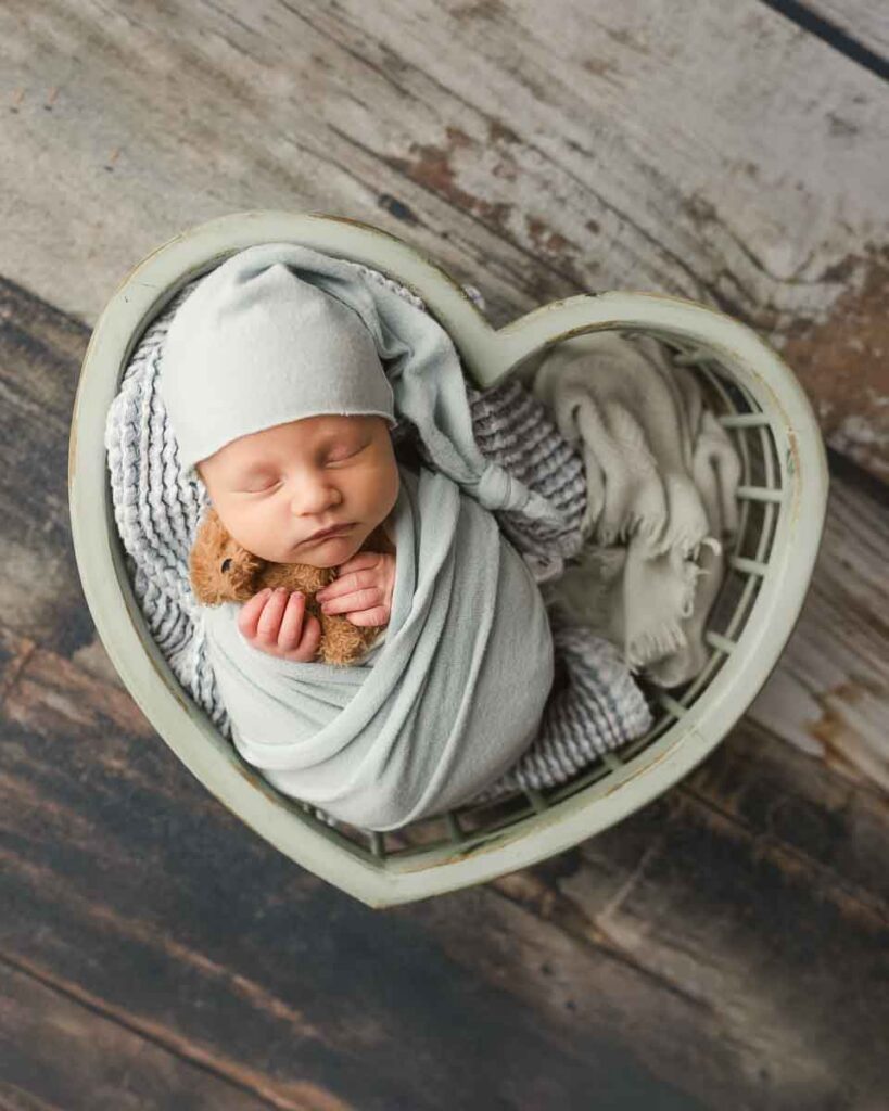 swaddle wrapped newborn in a heart basket holding a teddy