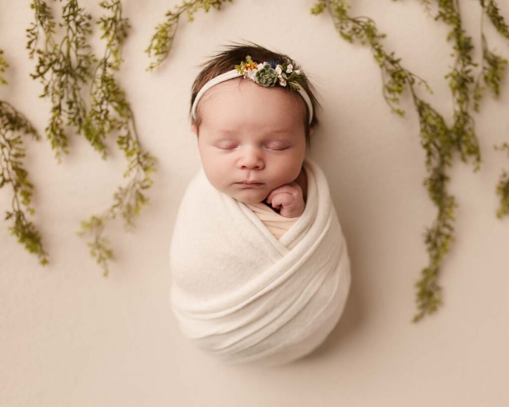 surrounded by draping ivy, swaddle wrapped newborn at their newborn mini session in metro detroit